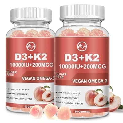 [M inch] M inch Vitamin D3 K2 Gummies, Vitamin D3 10000IU, K2 (MK-7) 200mcg, 6-in-1 Vitamina D3 Con K2 Supplement with Omega-3, Magnesium and Calcium for Bones, Teeth & Immune Support, Sugar Free, 2 Packs