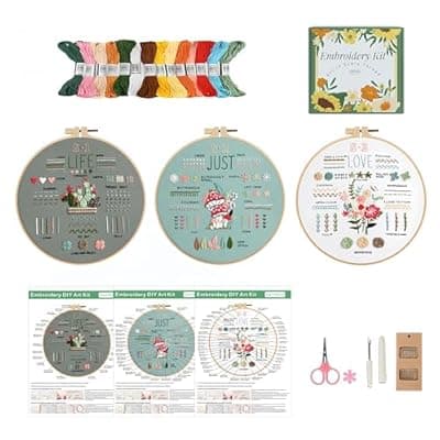 [URFEEL] URFEEL Embroidery Kit for Beginners Adult Teen, 3 Pack 34 Stitch Pre-Printed Fabric, 7.8 Inch Embroidery Hoop, Complete Floss & Needles, Manual + Video Tutorials, DIY Handmade Gift Set