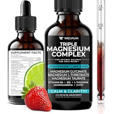 [WELVIUM] WELVIUM Triple Magnesium Complex Liquid Drops - Magnesium Glycinate Supplement with L-Threonate, Taurate - Ashwagandha, L-Theanine, 5-HTP, Vitamins B6, B12, Bromelain, Inositol for Mineral Balance