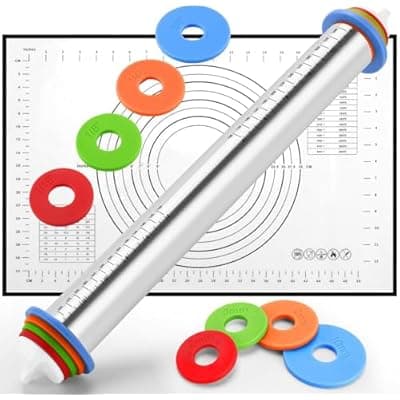 [liboyixi] liboyixi Rolling Pin and Pastry Baking Mat Set, 17-inch Rolling Pins with Adjustable Thickness Rings, Stainless Steel Dough Roller for Baking Fondant, Pizza, Pie, Pastry, Pasta, Cookies (black)