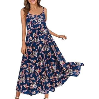 BOHOWE Women's Summer Floral Sleeveless Adjustable Strap Dresses Boho Maxi Spaghetti Casual Flowy Dress