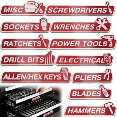 [YIUS] YIUS 12 Pack Magnetic Tool Box Labels, HD Laser Printing Tool Box Labels with Strong Magnets, Reusable Metal Magnetic Labels for Steel Toolboxes, Carts, Cabinets, Gifts for Him(Red)
