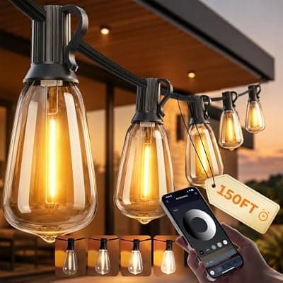 [Ecoeve] Ecoeve Outdoor String Lights, 150 FT Patio Lights for Outside, Smart App & Remote Control with Timer, Dimmable with 4 Scene Modes, Warm White Waterproof LED Bulbs for Garden, Yard and Backyard Decor
