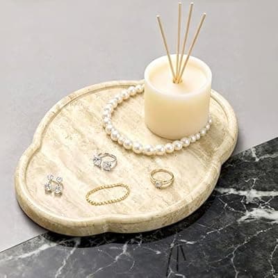 [JENYUU] JenYuu Handmade Natural Travertine Decorative Tray - Petal Shaped Vanity Catchall for Jewelry, Soap, Candles, Toothbrush, Perfume | Art Deco Bathroom & Coffee Table Organizer, Gift for Women