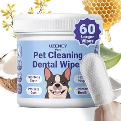 [UZENEY] UZENEY Pet Teeth Cleaning Wipes for Dogs&Cats, 60 pcs Dental Finger Wipes, Larger Sized, Plant Extract Ingredients Refresh Breath & Control Plaque & Protect Gum, Dog Tooth Brushing Kit, Unscented