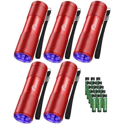 [Sunloy] Sunloy UV Flashlight Black Light, 5 Pack 9 LED 395nm Ultraviolet Blacklight Flashlight, Mini Portable Torch Light Pet Urine Detector for Dog/Cat Urine, Dry Stains, Bed Bug(15x AAA Batteries(Red))
