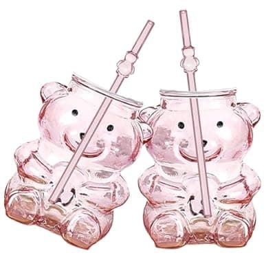 [TOPORNEE] 2-Pcs Bear Glass Cups with Lids & Straws – 14oz Cute Borosilicate Glass Tumblers, Glass Straw Mugs for Smoothie, Boba, Iced Coffee, Drinks & Snacks ,Candy Jar– Great Gift Teens & Adults (Pink, Medium)