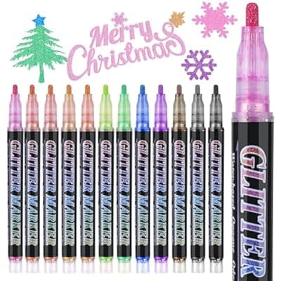 [OLINGYOU] OLINGYOU Glitter Marker Pens,12 Colors Self-Shimmer Metallic Markers,Glitter Paint Pens DIY Crafts Greeting Birthday Cards, Making Poster,Album,Scrapbooking,Wood