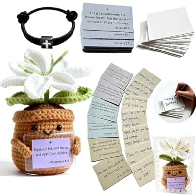[COLTUPWZ] COLTUPWZ Christian Gifts for Women Positive Crochet Flower with Bible Verses Prayer Cards White Lily Graduation Religious Spiritual Mothers Day Birthday Encouragement Gifts for Teacher Friend