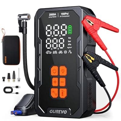 [Gurevo] GUREVO 2000A Jump Starter with Air Compressor, Car Battery Jumper Starter Portable with 160PSI Auto-Shutoff Tire Inflator, Car Battery Charger Jump Box for 8.0L Gas/6.0L Diesel Engines