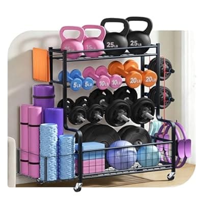 [AWAKENING FIT] 4 Tiers Large Capacity Dumbbell Rack [Thickened High-Strength Steel] Home Gym Storage for Dumbbells Kettlebells Yoga Mat and Balls, All in One Workout Storage Rack with Wheels and Hooks
