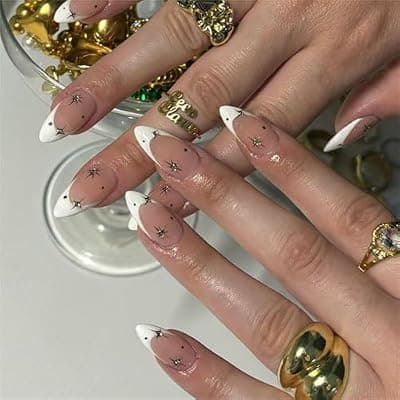 [YOSOMMK] YOSOMMK Almond Press on Nails Medium French Tip Fake Nails with Star Designs Acrylic False Nail Glossy Glue on Nail for Women and Girls