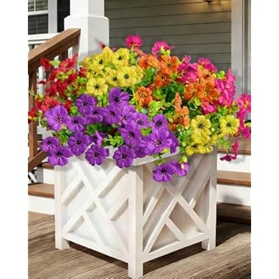 [Lokediren] Artificial Fall Flowers for Outdoors, UV Resistant Fake Silk Flowers No Maintenance for Outside,Faux Mums Eucalyptus Plants for Porch Patio Garden Planter Box Home Autumn Outdoor Decor(10pcs)