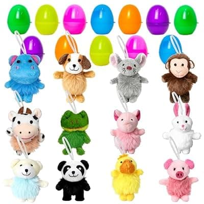 [Halystar] Halystar 12 Pcs Pre Filled Easter Eggs with Mini Plush Toys, 2.8" Upright Shaped Stuffed Animals Keychain in Surprise Plastic Eggs, Ready to Hide Easter Basket Stuffers Party Favors for Kids