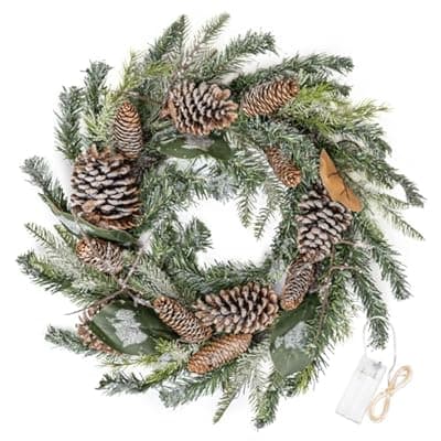 [Fuxdre] Fuxdre Lighted Christmas Wreath 19 Inch, Handmade Christmas Door Wreath with Pinecone Carolina Pine Fine Glitter Powder. Christmas Wreaths for Front Door Decor for Wall, Window or Mantel