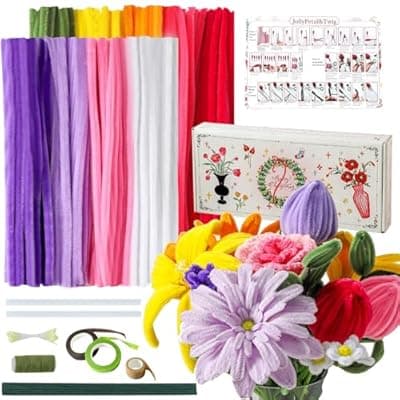10 Colors Pipe Cleaners Craft,Chenille Stems Plush Craft Kit,Colorful Pipe Cleaners Flowers Kit with Floral Tape for Wedding Gifts Graduation Bouquet JollyPetal&Twig (Rainbow)