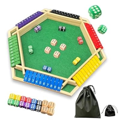 [ASTROLIN] ASTROLIN Shut The Box Game for 1-6 Players, Wooden Board Tabletop Math and Strategy Game with 16 Dice and Velvet Storage Bag, Classic Family Board Game for Home, Party or Pub (6 Player-Multicolor)