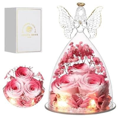 [Tiaronics] Tiaronics Mothers Day Rose Gifts for Women Preserved Real Flower in Glass Angel Figurines Roses for Delivery Prime Birthday Gifts for Mom Grandma Girlfriend Wife Her, Pink White