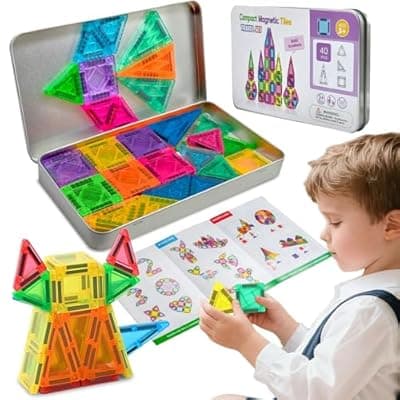 [OCES] OCES Mini Magnetic Tiles, 40PCS Building Blocks Travel Set Magnetic Toys for Kids Ages 4-8 with Iron Case, Montessori Educational Toddler Puzzle Creativity Birthday Gift for Boys & Girls