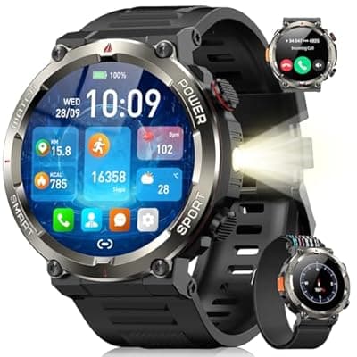 [Blackview] Military Smart Watch for Men(Answer/Make Calls),Outdoor Smartwatch with 100 Days Battery/Flashlight/Compass/Heart Rate/SpO2/Sleep Monitor/2 Straps, Rugged Fitness Watch for iPhone/Android Phones