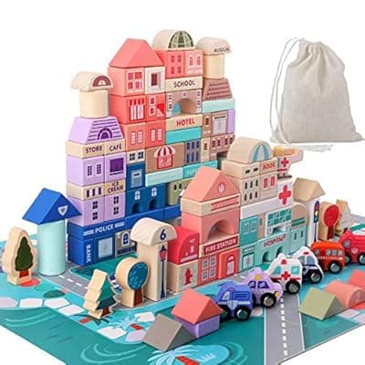 [Migargle] Migargle Wooden Building Blocks Set, City Construction Stacker Stacking Preschool Learning Educational Toys, Toddler Toys for 3+ Year Old Boy and Girl Gifts
