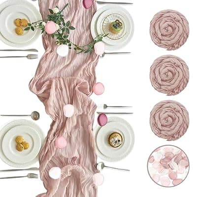 [HLDEJAAJ] HLDEJAAJ 3 Pack Cheesecloth Table Runner, 10FT Boho Gauze Romantic Table Runner for Wedding, Birthday Party, Home Decoration, Rectangular, Hand Wash Only (Dusty Pink, 3pcs+150pcs Rose Petals)