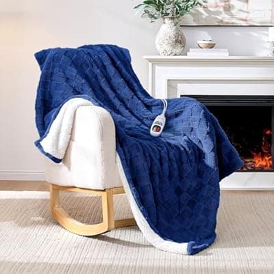 [Yokimisu] Yokimisu Heated Throw Blanket 50"x60" - 9-Level Fast Heating & 1-10H Timer, Fluffy Plush Blanket with Snap Buttons for Secure Fit, Warm Gift for Women/Men, for Couch, Bed & Office, Pageant Blue