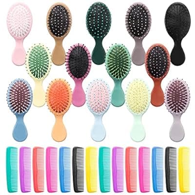 [A ANSLCA] Mini Hair Brush 28 Pack, ANSLCA Hair Brushes Bulk Small Brush Set - Include 14 Travel Brush + 14 Fine Wide Detangling Hair Combs Wet Dry Hair for Girls Women Boys Men Kids (Stylish Colorful)