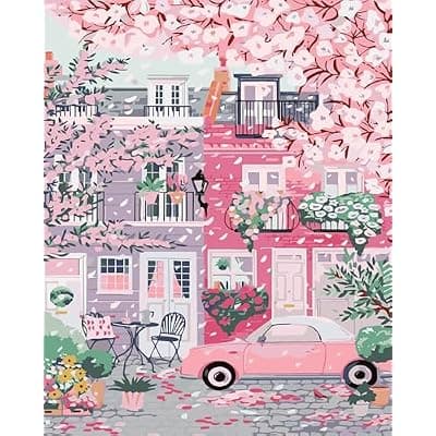 [Ekuxom] Ekuxom Sakura City Paint by Numbers Kit for Adults-Acrylic Adult Paint by Number Kits on Canvas-Flowers Watercolor Oil Number Painting for Home Decor Gift 16x20 Inch（Without Frame）