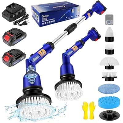[Lalafancy] 2 Batteries Electric Cleaning Brush for Bathroom, 1200RPM Power Cordless Spin Scrubber with 6 Replaceable Brush Heads and Telescopic Handle, 2 Speeds for Shower Bathtub Kitchen Window Car
