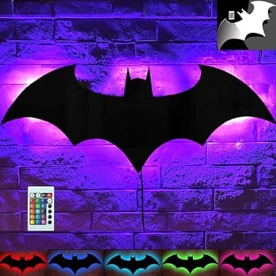 [Generic] LED Bat Night Light Superhero Cool Signal Lamp with 16 Colors Remote Control Wall Sconce Acrylic Engraved Neon Sign LightDecor for Bedroom Party Room Wall (Silver Mirror Color)