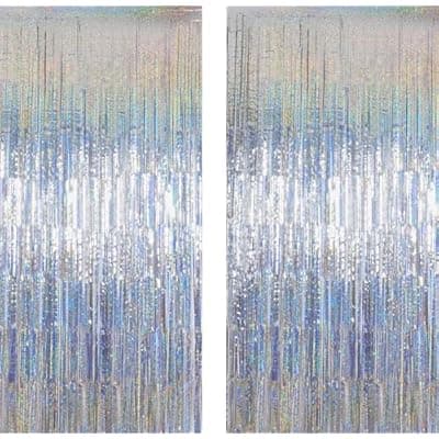 [xiangsushijie] Silver Laser Tinsel Glitter Foil Fringe Curtain Birthday Party Streamers Backdrop Decorations Photo Booth Theme Bachelorette Graduation Decor
