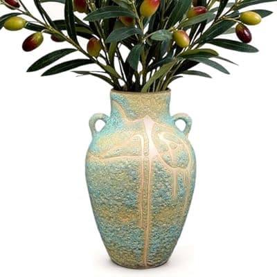 [Cerivya] Rustic Farmhouse Ceramic Flower Vase - 10 inch Large Decorative Vase with 2 Handles, Handcrafted Blue Green Modern Boho Home Decor Centerpiece for Living Room, Bedroom, Shelf or Office