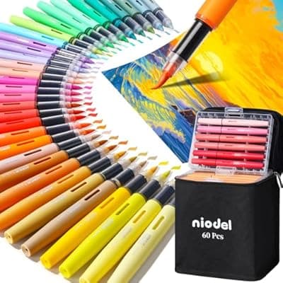 [Niodel] Niodel 60 Colors Direct Liquid Acrylic Paint Markers, Flexible Brush Tip, Instant Flow (No Pressing Required), High Opacity Paint Pens for Rock Painting, Wood, Canvas, Glass, DIY Crafts