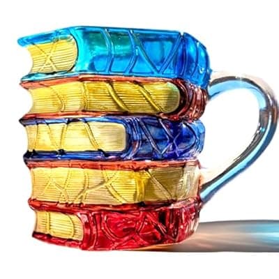 [TOPORNEE] TOPORNEE Handmade Painted Book Coffee Mug, 14 oz Glass Cup, Stacked Books Design with Colored Handle, Gift for Readers and Book Lovers (Transparent Handle#B, Large)