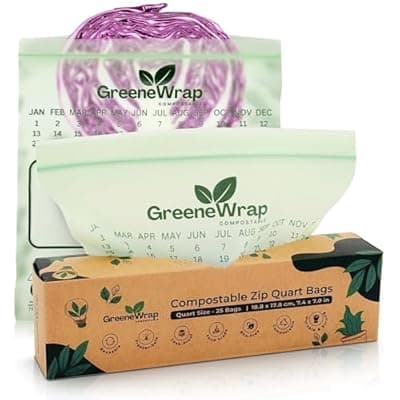 [GreeneWrap] GreeneWrap Compostable Quart Freezer Bags, 25 Count, Extra Thick 2 Mil, Resealable Leak-Proof Zipper, BPI Certified, ASTM D6400, Quart Food Storage Bags