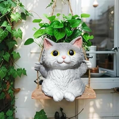 [Pyoimmne] Pyoimmne Cat Hanging Planters for Indoor Outdoor Plants, Small Cute Hanging Pots for Succulent, String of Pearls Plant, Resin Hanging Flower Pots with Drainage Hole, Unique Gift, Garden Home Decor