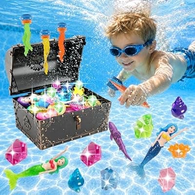 [Urqgnc] Urqgnc 41Pcs Pool Diving Toys for Kids with Mesh Bag, Mermaid Underwater Swimming Pool Games Set with Treasure Chest Gems Coins, Water Toy Gift for Boys Girls Ages 4-12