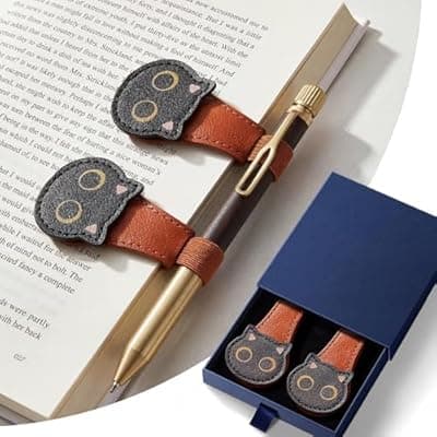 [Targonixus] 2Pcs Magnetic Bookmarks with Gift Box Magnetic Pen Holder for Notebook Cat Book Marks Clip Gift for Book Lover Readers Cute PU Leather Bookmark for Women, Cat (Brown+Brown)