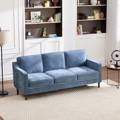 [Kingfun] Kingfun 80" Chenille Sofa, 3 Seater Couch, Mid Century Modern Couches with Solid Wood Legs for Living Room & Bedroom, Light Blue