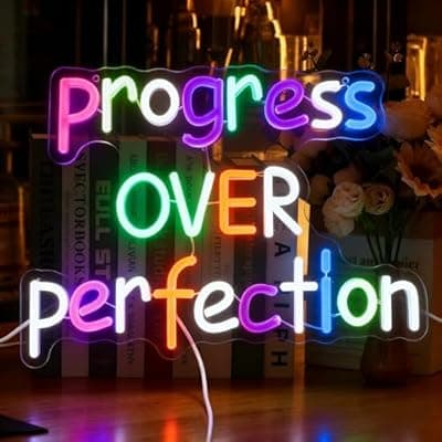 [KATMBFUE] Progress Over Perfection Neon Sign for Wall Decor, Dimmable Words Led Light Up Sign, USB Powered Positive Letters Neon Light for Classroom Bedroom Library Study Room 16.14 x 12.2"