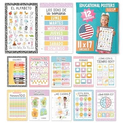[Hadley Designs] Hadley Designs Spanish Classroom Decorations - 12 Spanish Posters for Classroom Decor, Abecedario para Niños en Español, 11x17 Laminated Pastel Bilingual Educational Posters for Toddlers 1-3