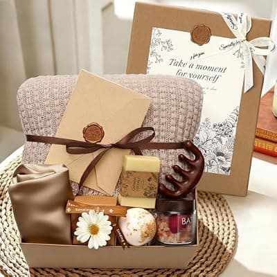 [YEERSWAG] Self Care Gifts Baskets for Women, Spa Care Package for Women, Birthday Gift Get Well Soon Gifts Thinking of You Gift Baskets Summer Home Spa Set with Bonnet & Massgae Comb for Mom Friends, Brown