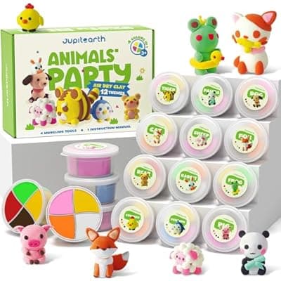 [JUPITEARTH] Air Dry Clay for Kids,12 Animals Theme Party Foam Clay,Ultra Light Modeling Clay Kit, DIY Art and Home Party Favors for Boys & Girls (Animal)