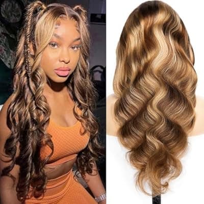 [Yeuoin] Yeuoin #4/27 Ombre Highlight Lace Front Wigs Human Hair Pre Cut 5X5 Glueless Honey Blonde Body Wave Wigs for Women Pre Plucked with Baby Hair Lace Closure wig 200% Density （34inch）