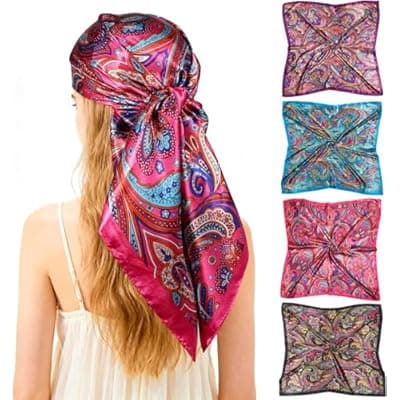 [Ciormis] Ciormis 35" Silk Head Scarf for Women, 4 Pcs Satin Hair Scarf Square Silk Bandana Top Neck Scarves Hair Wraps for Sleeping