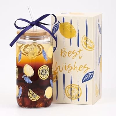 [Celebloom] Celebloom Lemon Glass Cups with Lids and Straws, Cute Glass Cups for Lemon Decor, Iced Coffee Tumbler for Birthday Bridal Shower Weeding Summer Party Decorations