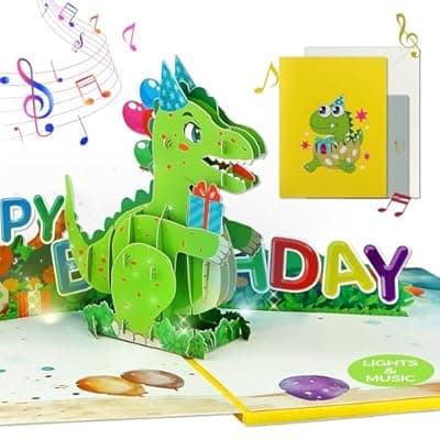 [FaCraft] FaCraft Dinosaur Musical Birthday Cards for Kids - Music & Light 3D T-Rex Handmade Pop Up Birthday Cards with Pearl Envelope, Blank Insert, Seal for Boy Girl Son Grandson Toddler Nephew 1-10 Year Old