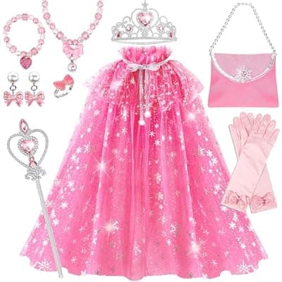 [Yafacuha] Yafacuha Princess Dress up Clothes for Little Girl, 10 Pcs Princess Necklaces Rings bracelets with Crown, Princess Dresses for Girl Birthday Gift