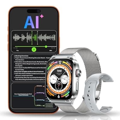 [Maxee] AI Smart Watch with Voice Recorder, Transcribe & Summarize with AI for Meetings, App Control, Supports 135 Languages, 2.13" AMOLED Display, Health, Fitness & Sleep Tracker, 80+ Workout Modes, Silver
